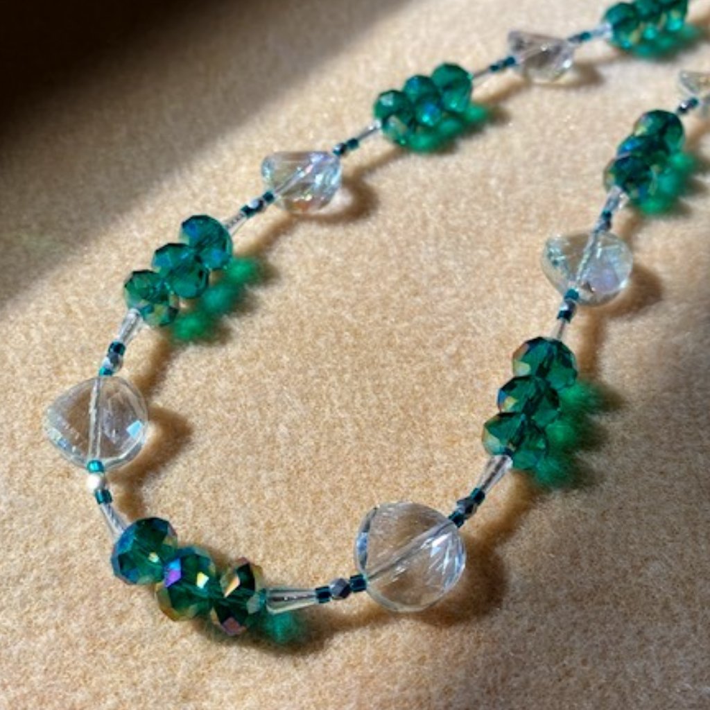 Handmade Crystal Beaded Necklace - Green And Clear - 25" Long
